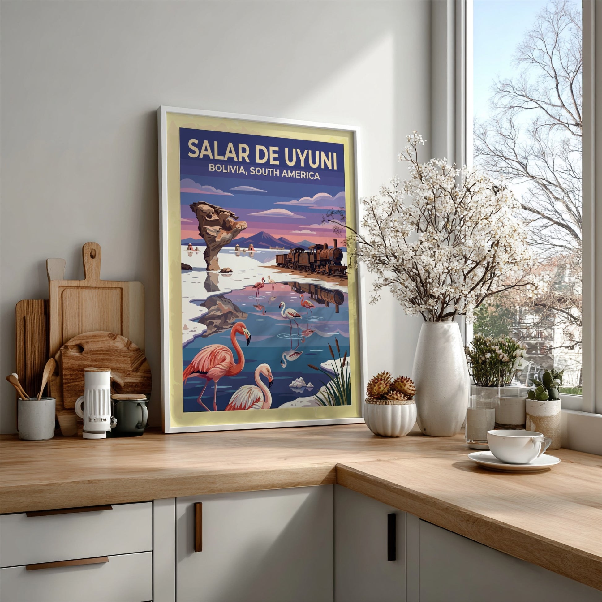Travel poster featuring pink flamingos at Salar de Uyuni Bolivia with vintage train