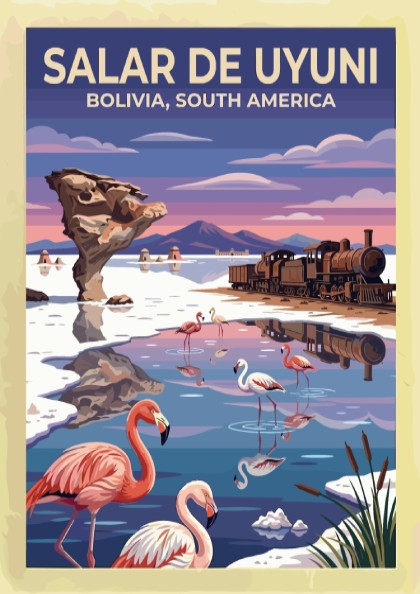 Travel poster featuring pink flamingos at Salar de Uyuni Bolivia with vintage train