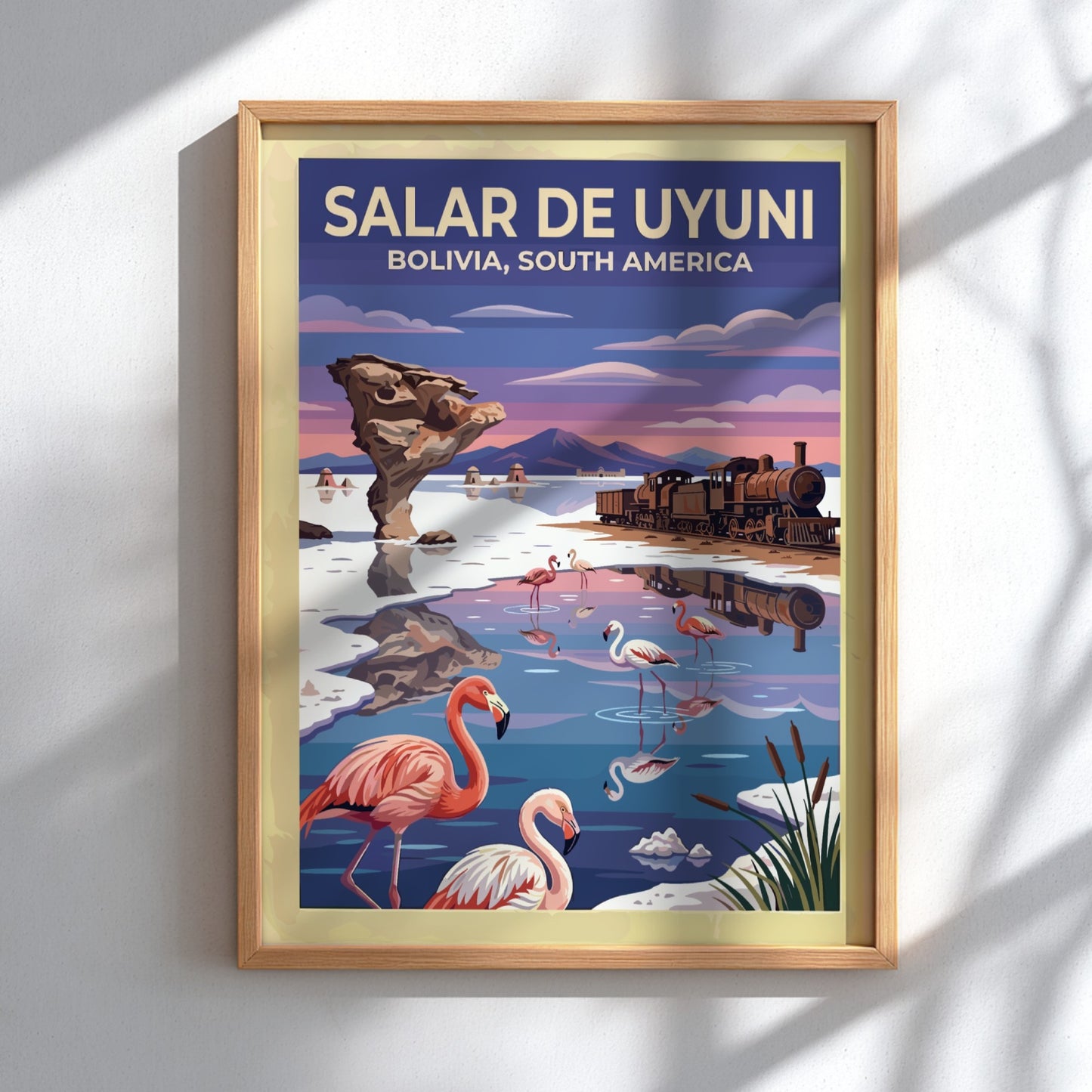 Travel poster featuring pink flamingos at Salar de Uyuni Bolivia with vintage train