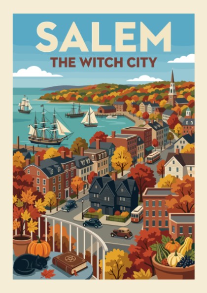 Vintage-style poster of Salem Harbor in autumn, featuring ships, historic buildings, and fall foliage.