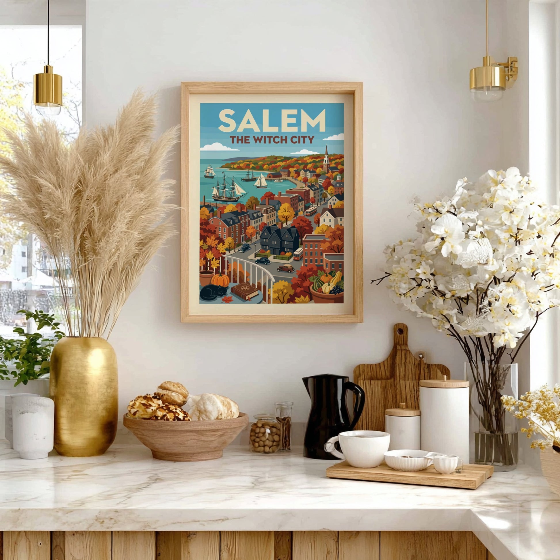 Vintage-style poster of Salem Harbor in autumn, featuring ships, historic buildings, and fall foliage.