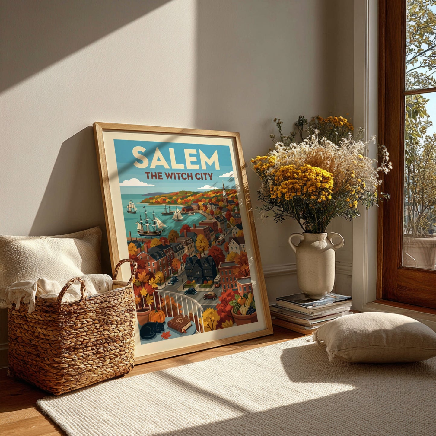 Vintage-style poster of Salem Harbor in autumn, featuring ships, historic buildings, and fall foliage.