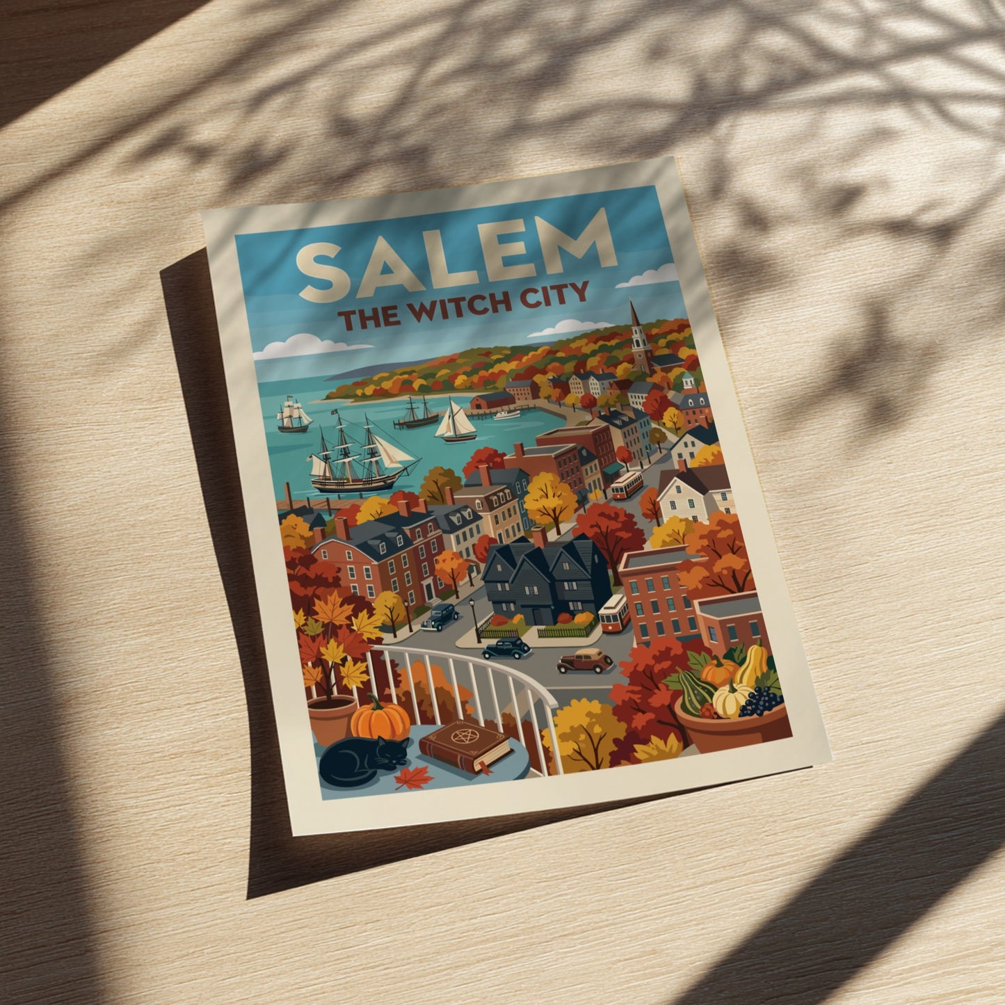 Vintage-style poster of Salem Harbor in autumn, featuring ships, historic buildings, and fall foliage.
