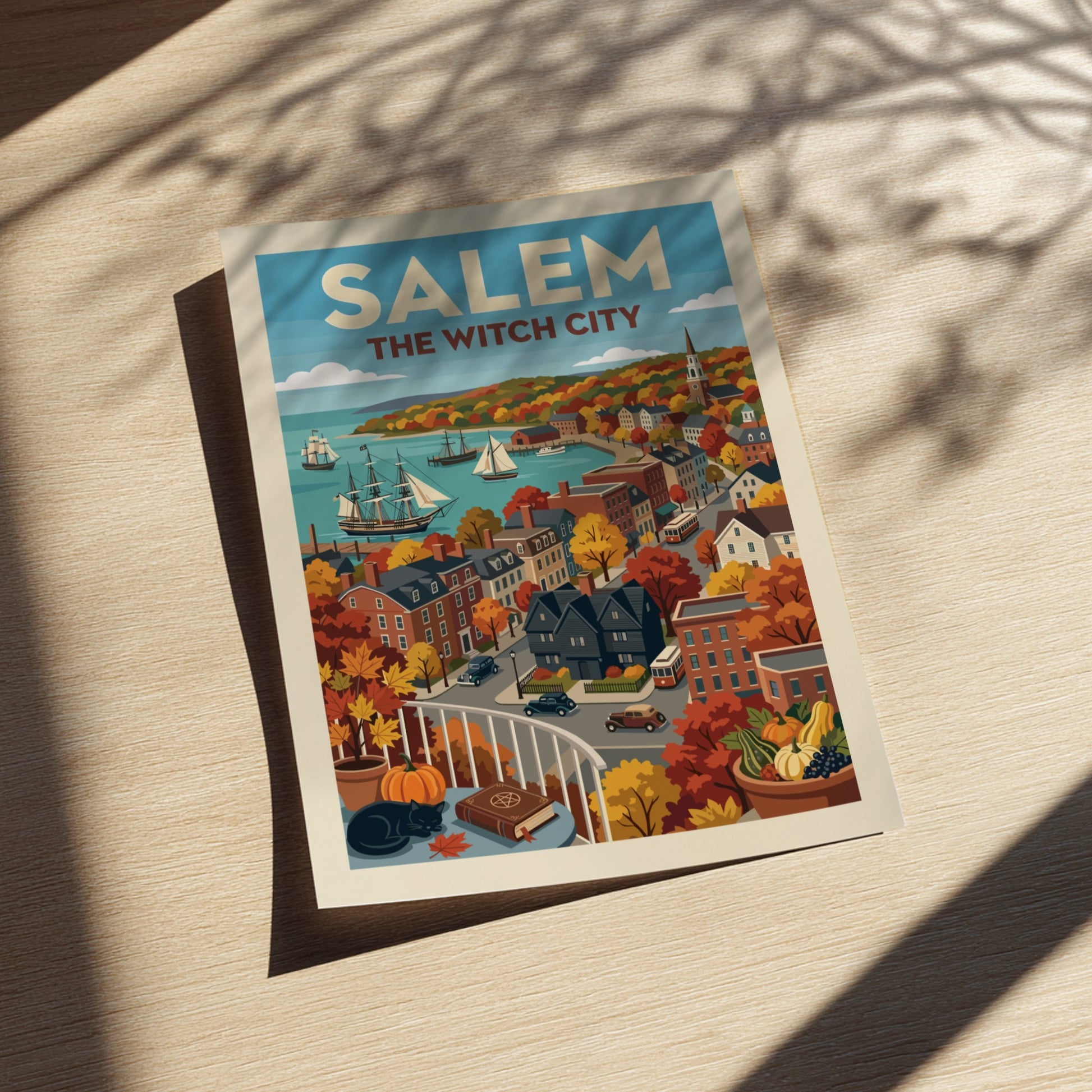 Vintage-style poster of Salem Harbor in autumn, featuring ships, historic buildings, and fall foliage.