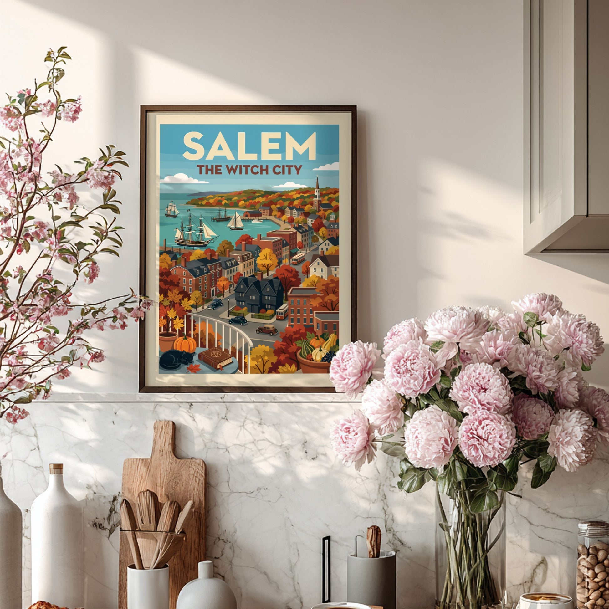 Vintage-style poster of Salem Harbor in autumn, featuring ships, historic buildings, and fall foliage.