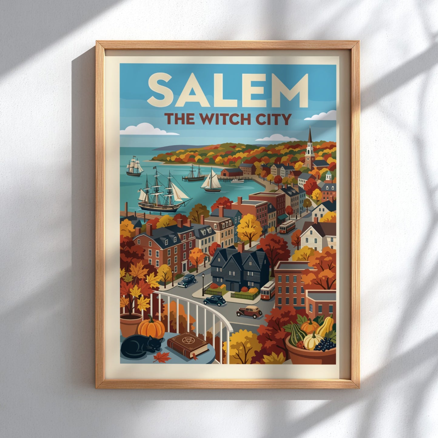 Vintage-style poster of Salem Harbor in autumn, featuring ships, historic buildings, and fall foliage.