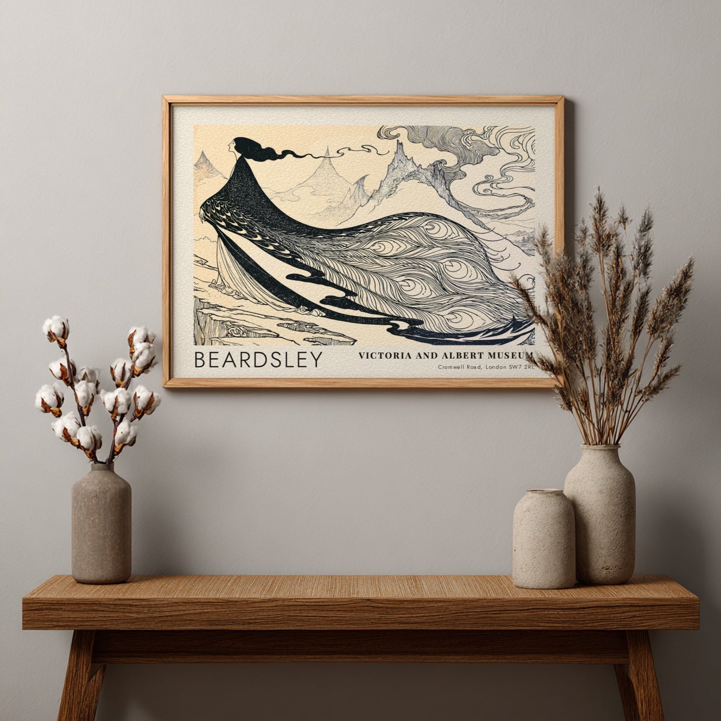 Wall art poster featuring Aubrey Beardsley’s Salome The Peacock Skirt in black and cream.