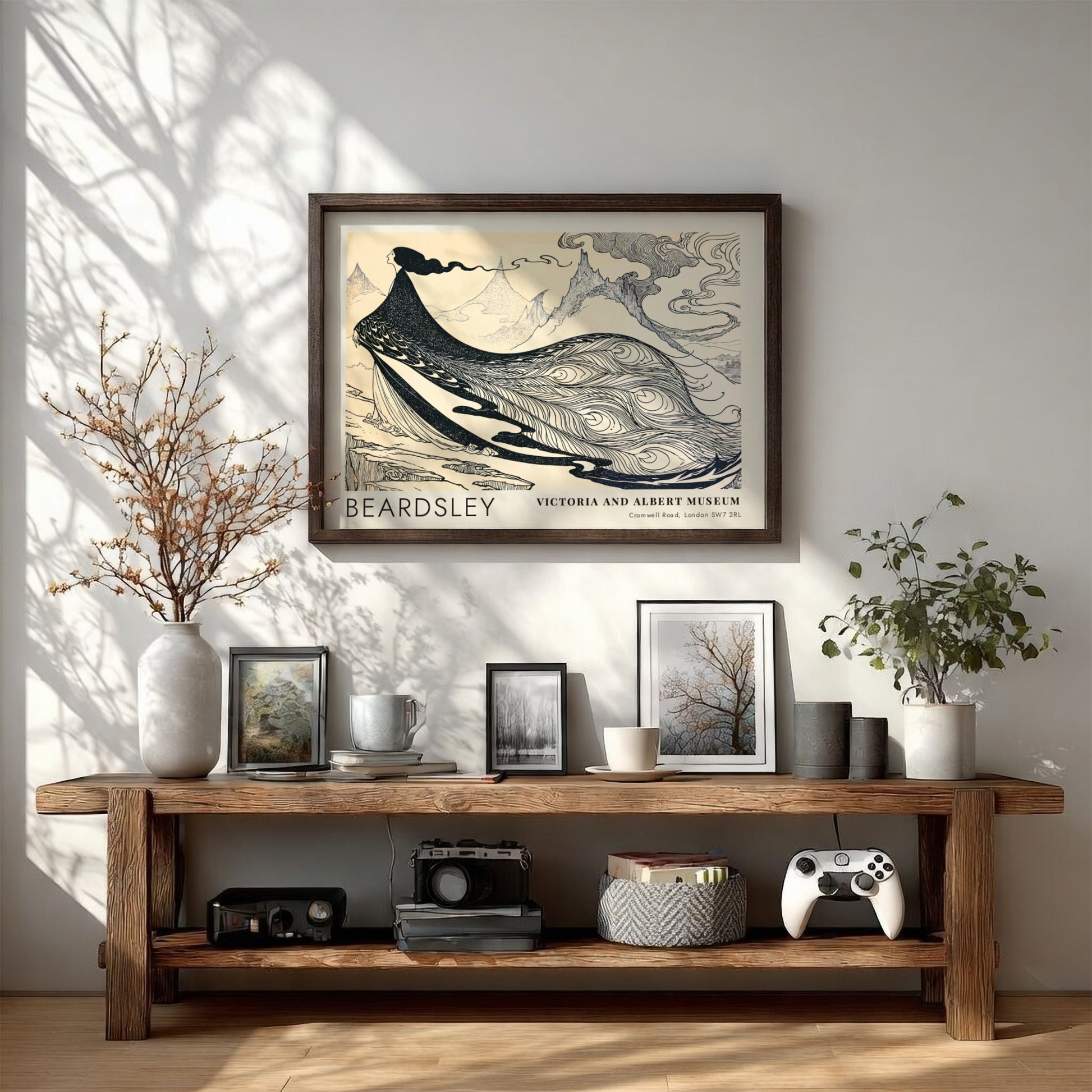 Wall art poster featuring Aubrey Beardsley’s Salome The Peacock Skirt in black and cream.