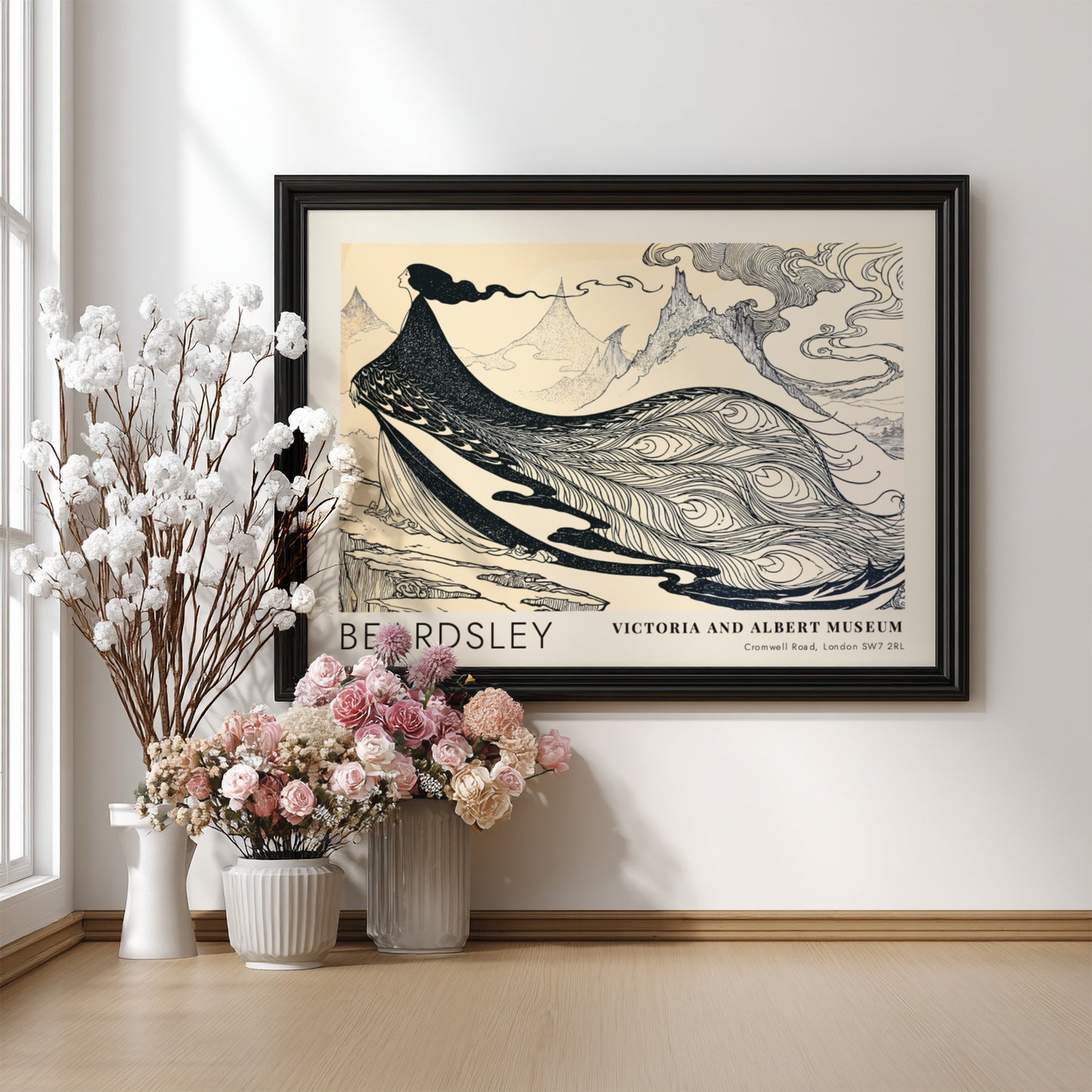 Wall art poster featuring Aubrey Beardsley’s Salome The Peacock Skirt in black and cream.