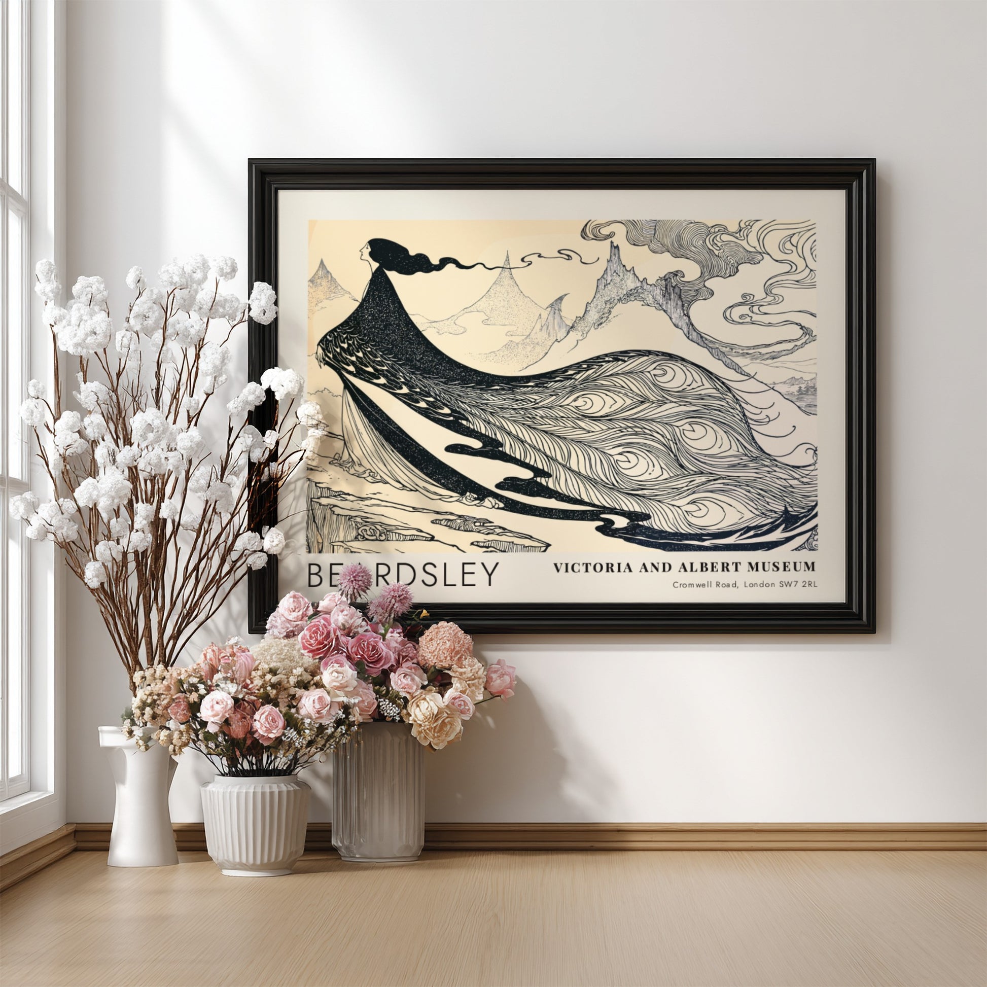 Wall art poster featuring Aubrey Beardsley’s Salome The Peacock Skirt in black and cream.