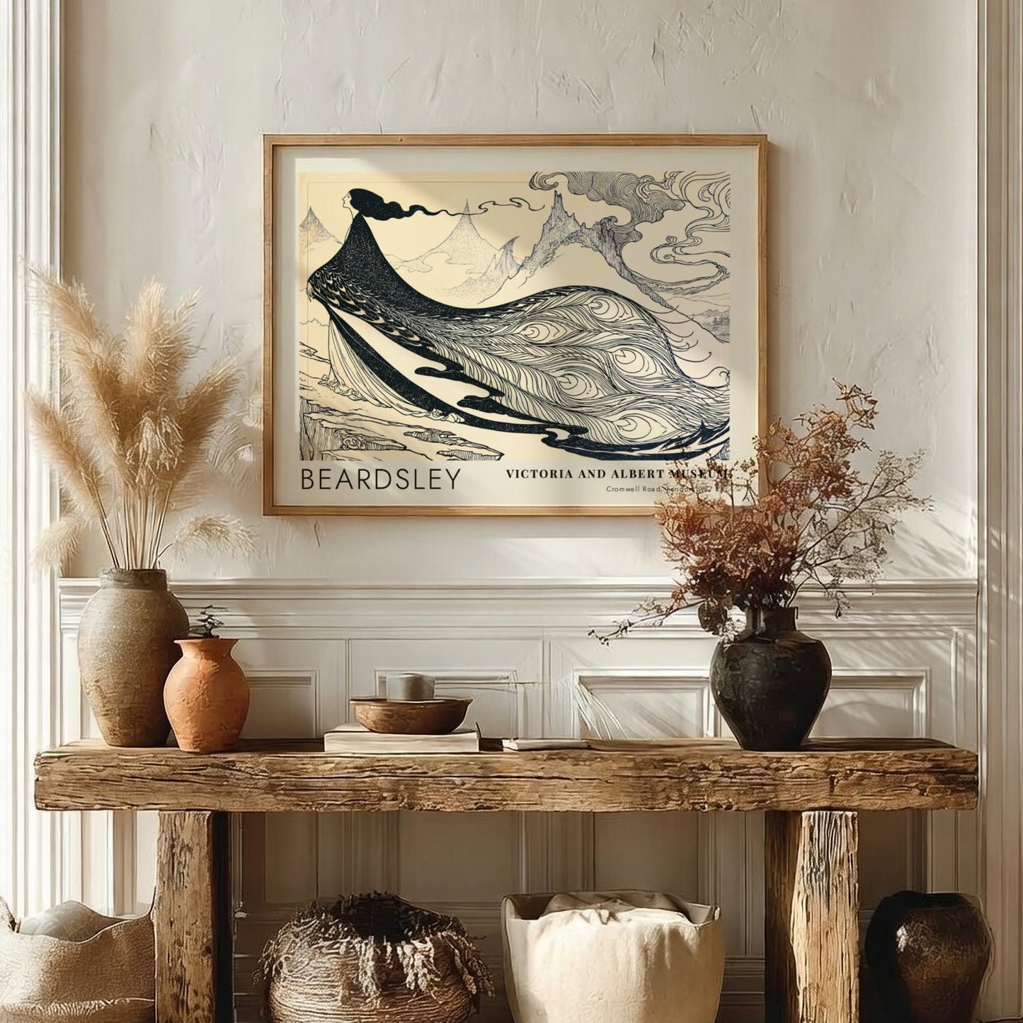 Wall art poster featuring Aubrey Beardsley’s Salome The Peacock Skirt in black and cream.