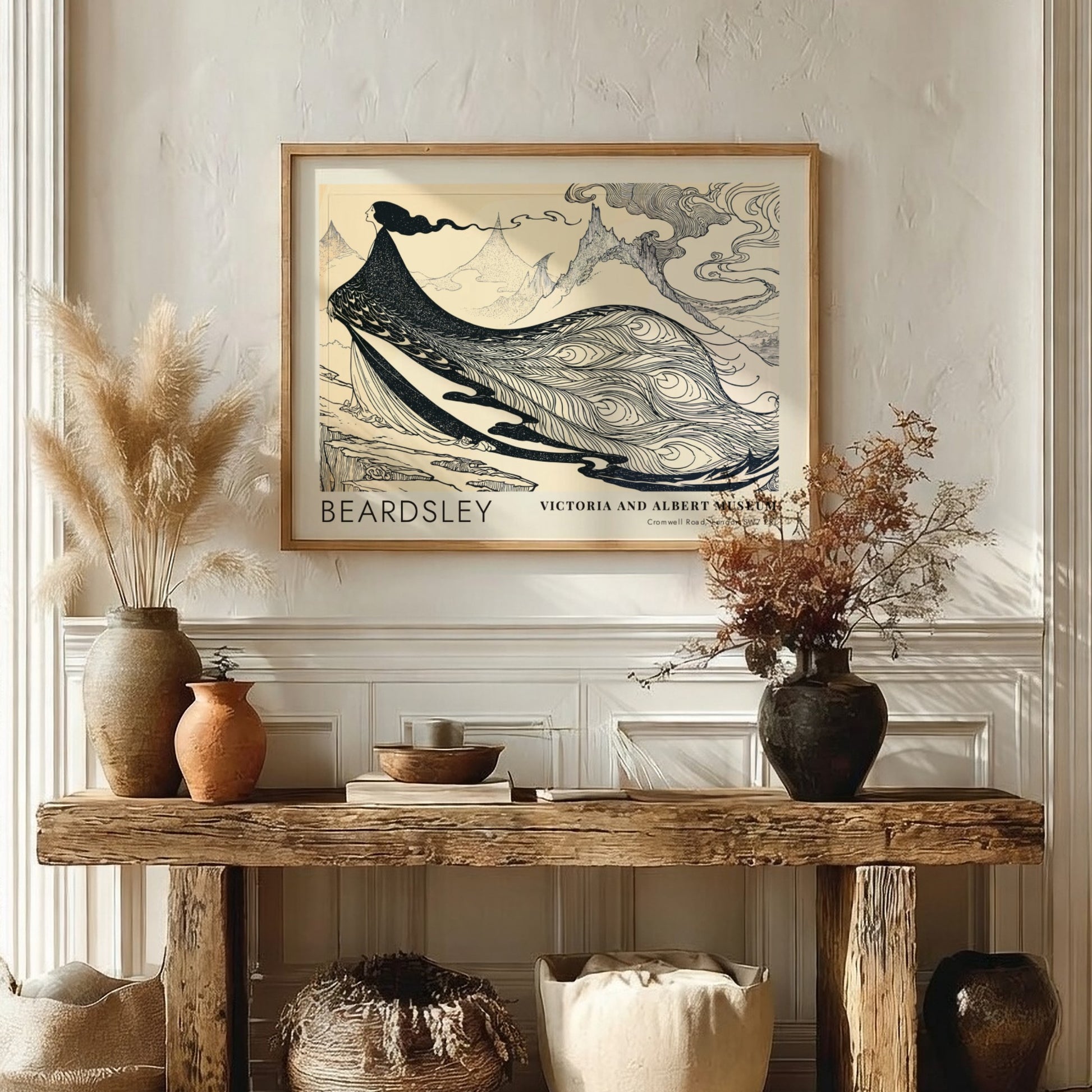 Wall art poster featuring Aubrey Beardsley’s Salome The Peacock Skirt in black and cream.