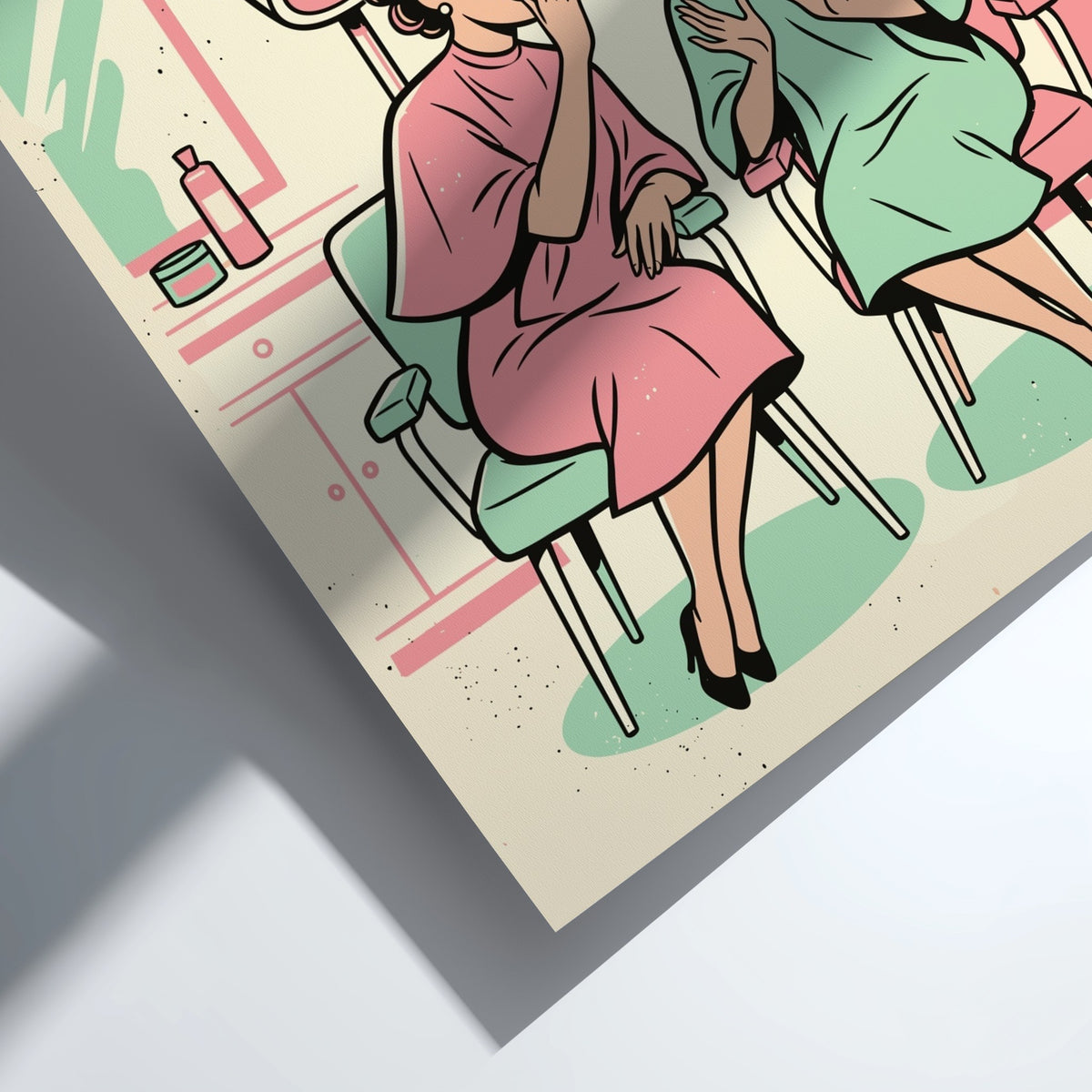Poster featuring two women in hair rollers under dryers with The Gossip Salon text