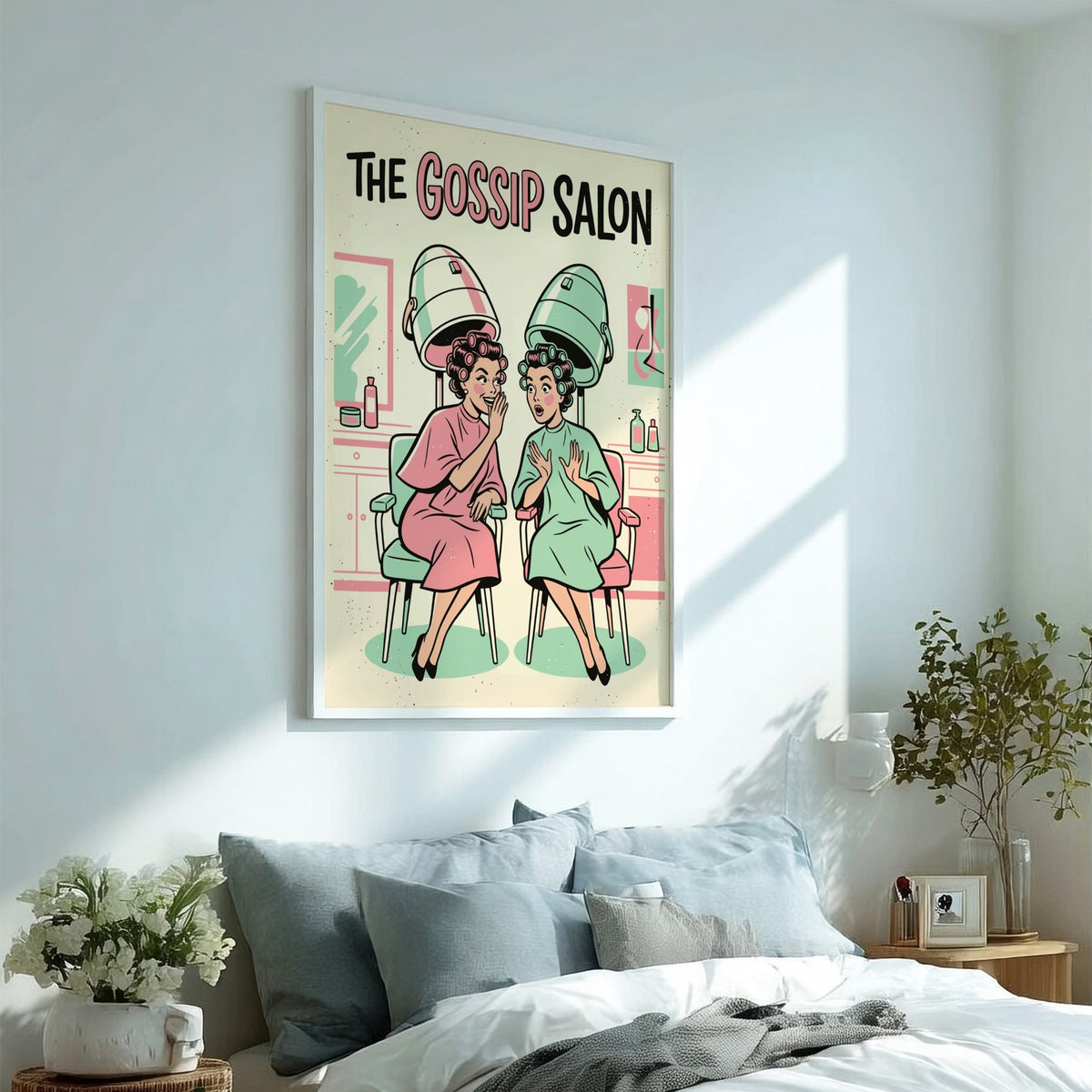 Poster featuring two women in hair rollers under dryers with The Gossip Salon text