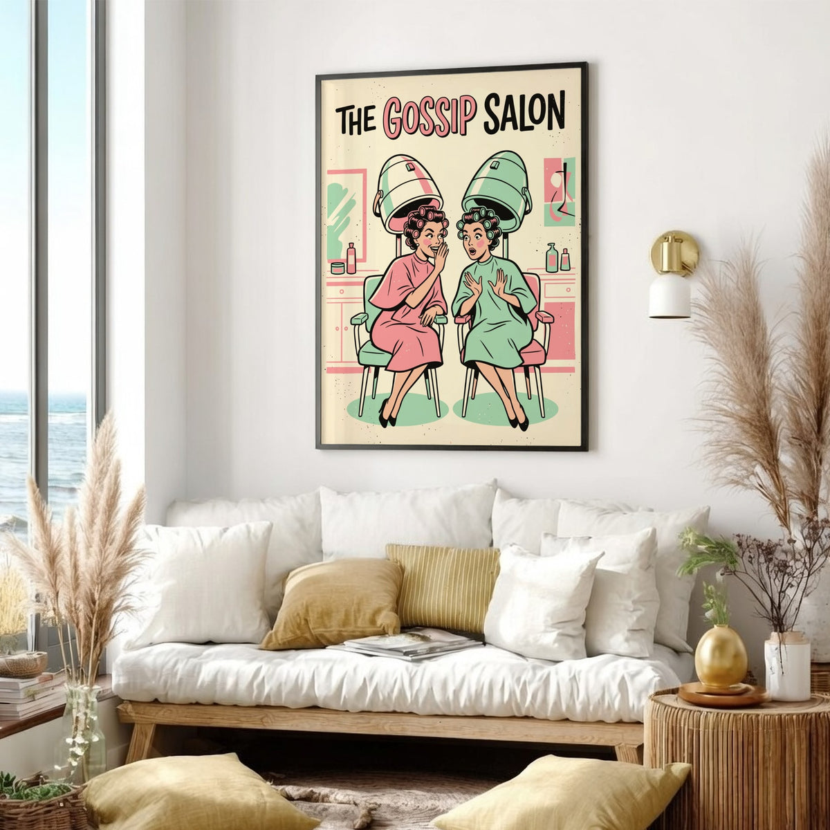 Poster featuring two women in hair rollers under dryers with The Gossip Salon text