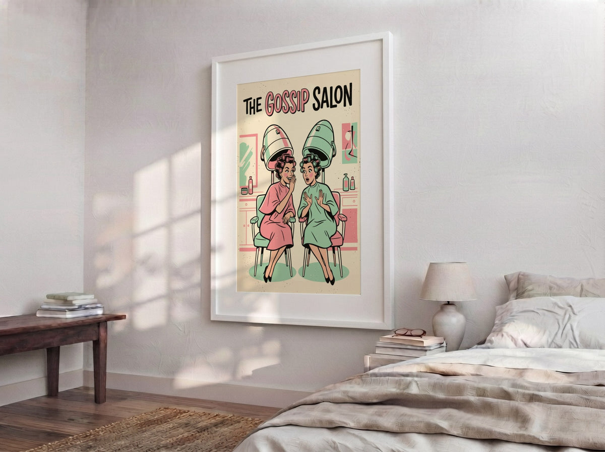 Poster featuring two women in hair rollers under dryers with The Gossip Salon text