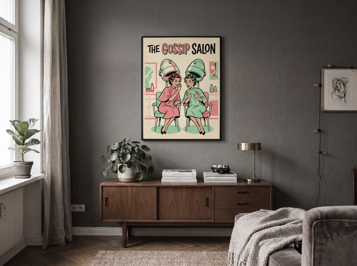 Poster featuring two women in hair rollers under dryers with The Gossip Salon text