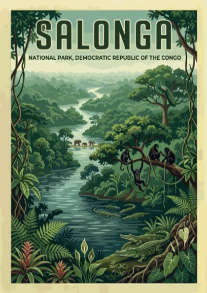 Salonga National Park poster showcasing vibrant jungle scene with wildlife and greenery.