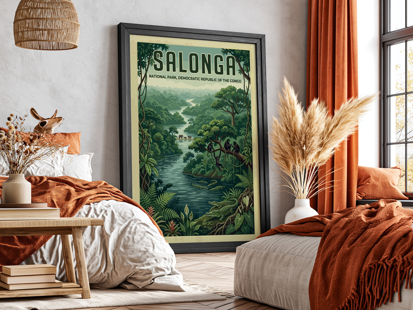 Salonga National Park poster showcasing vibrant jungle scene with wildlife and greenery.