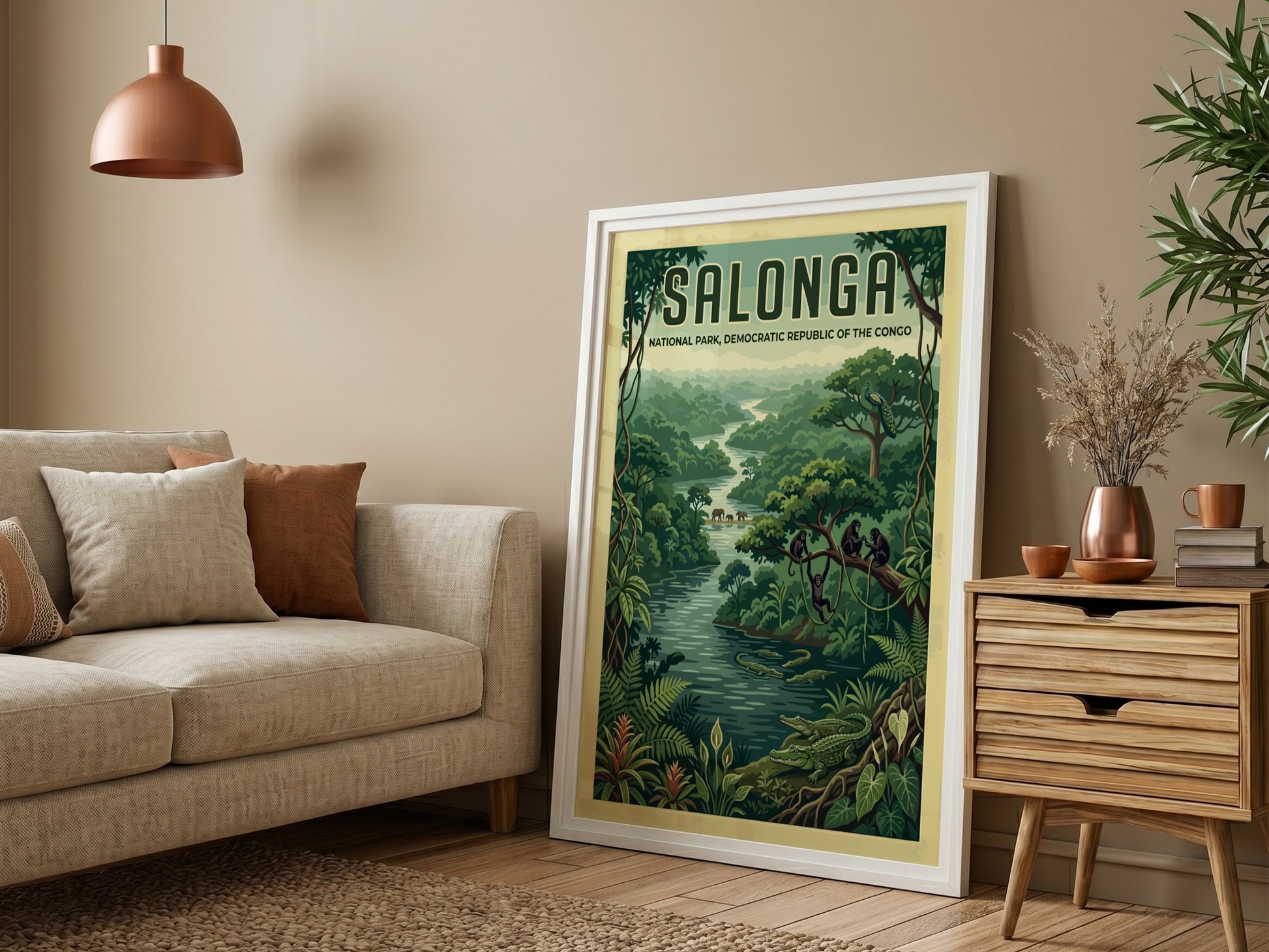 Salonga National Park poster showcasing vibrant jungle scene with wildlife and greenery.