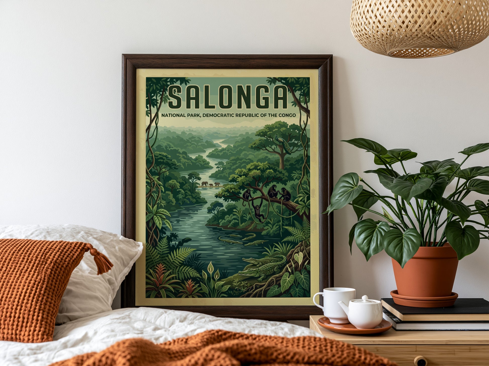Salonga National Park poster showcasing vibrant jungle scene with wildlife and greenery.