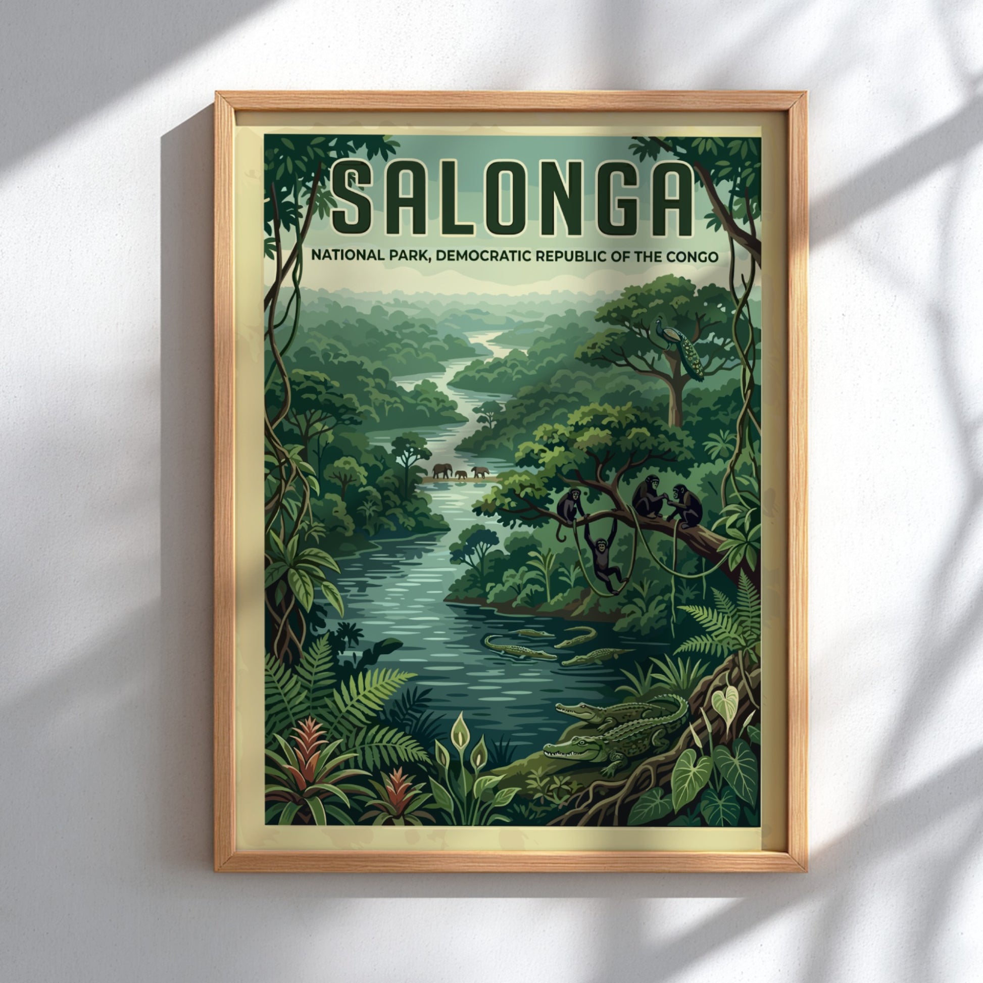 Salonga National Park poster showcasing vibrant jungle scene with wildlife and greenery.