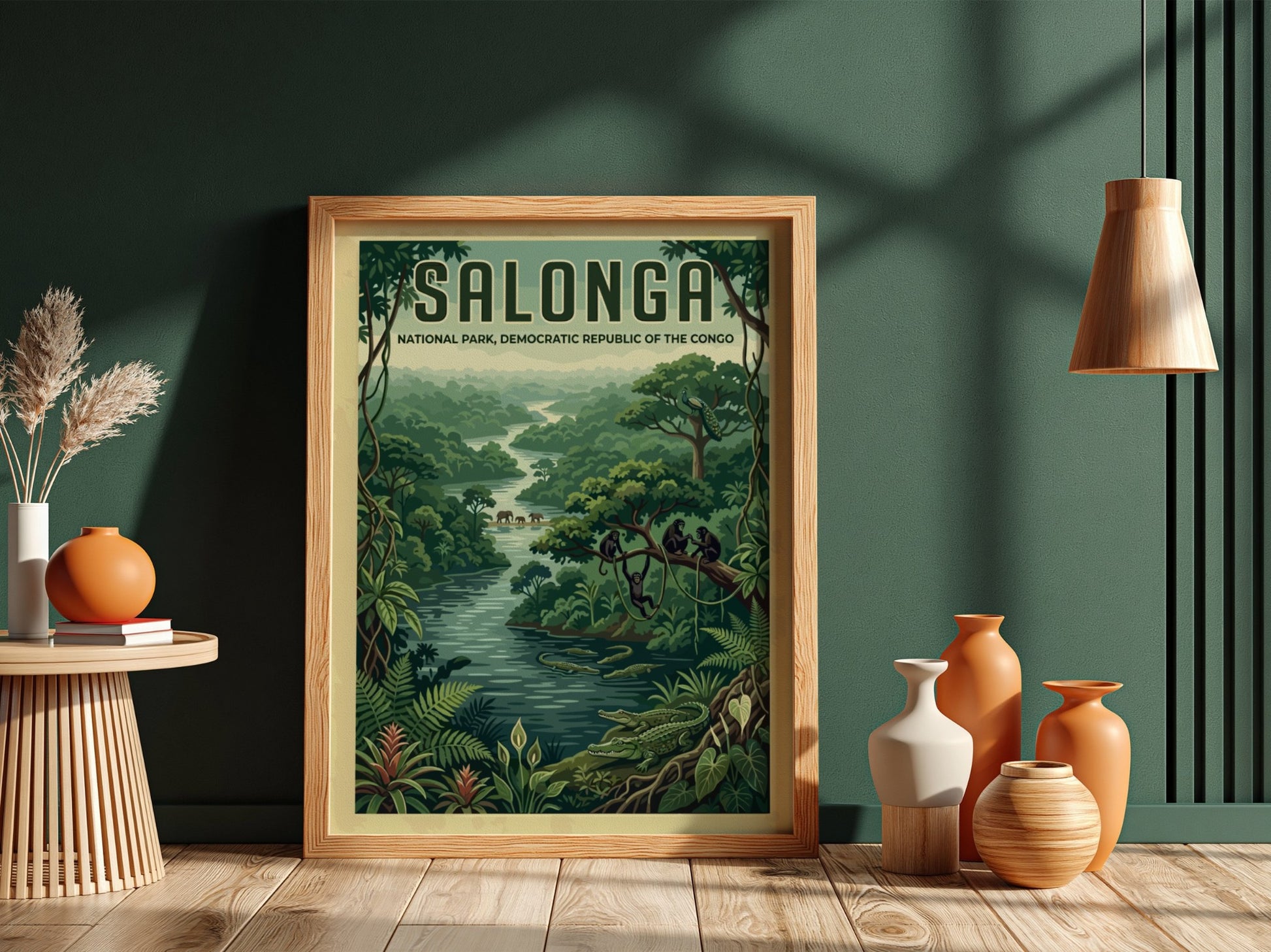 Salonga National Park poster showcasing vibrant jungle scene with wildlife and greenery.