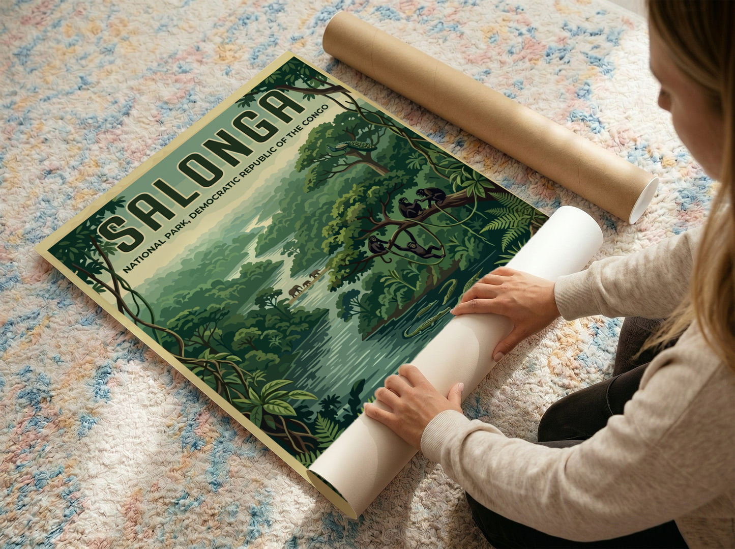 Salonga National Park poster showcasing vibrant jungle scene with wildlife and greenery.