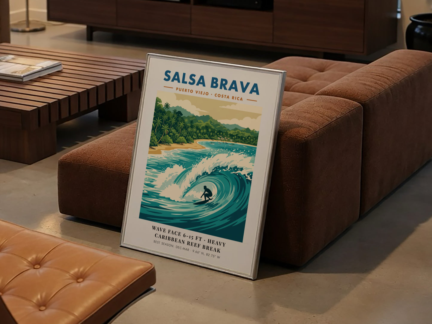 Surf break poster featuring a barrel wave at Salsa Brava in Puerto Viejo Costa Rica
