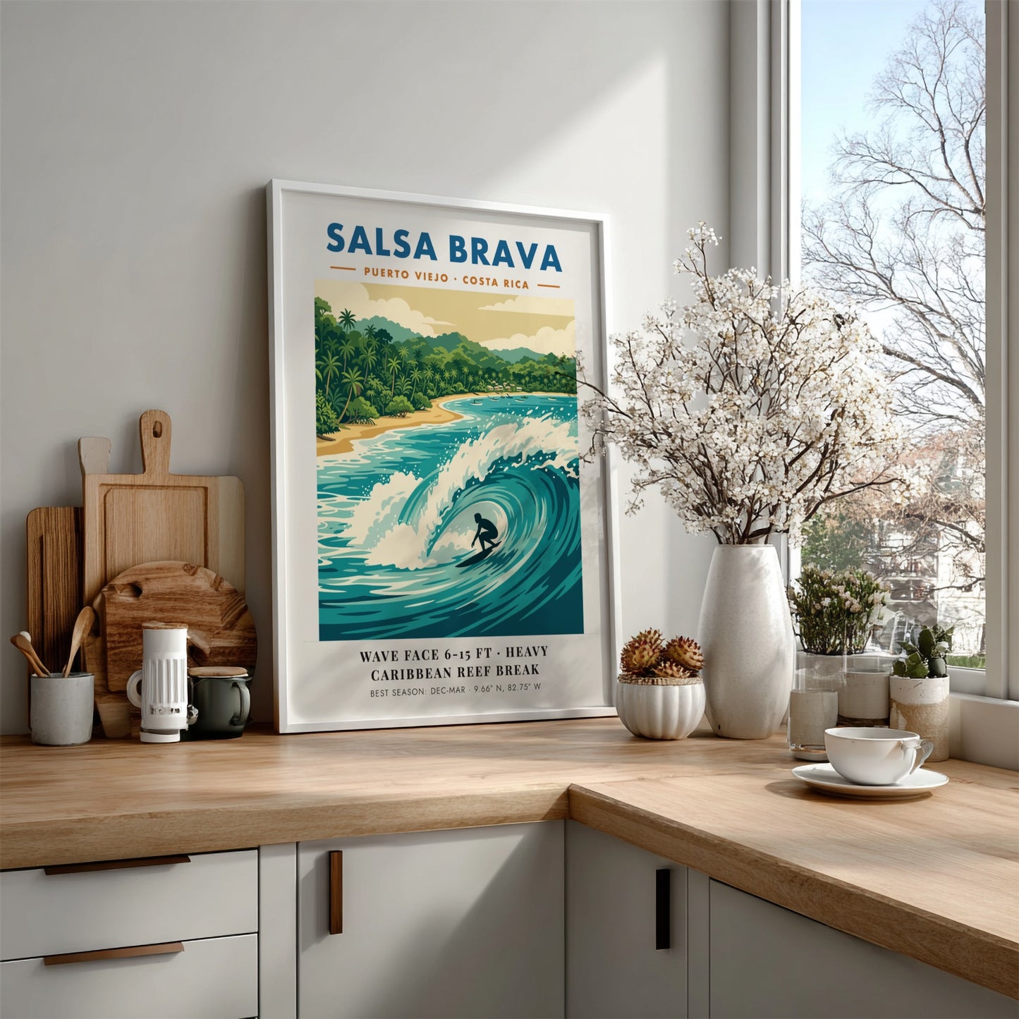 Surf break poster featuring a barrel wave at Salsa Brava in Puerto Viejo Costa Rica