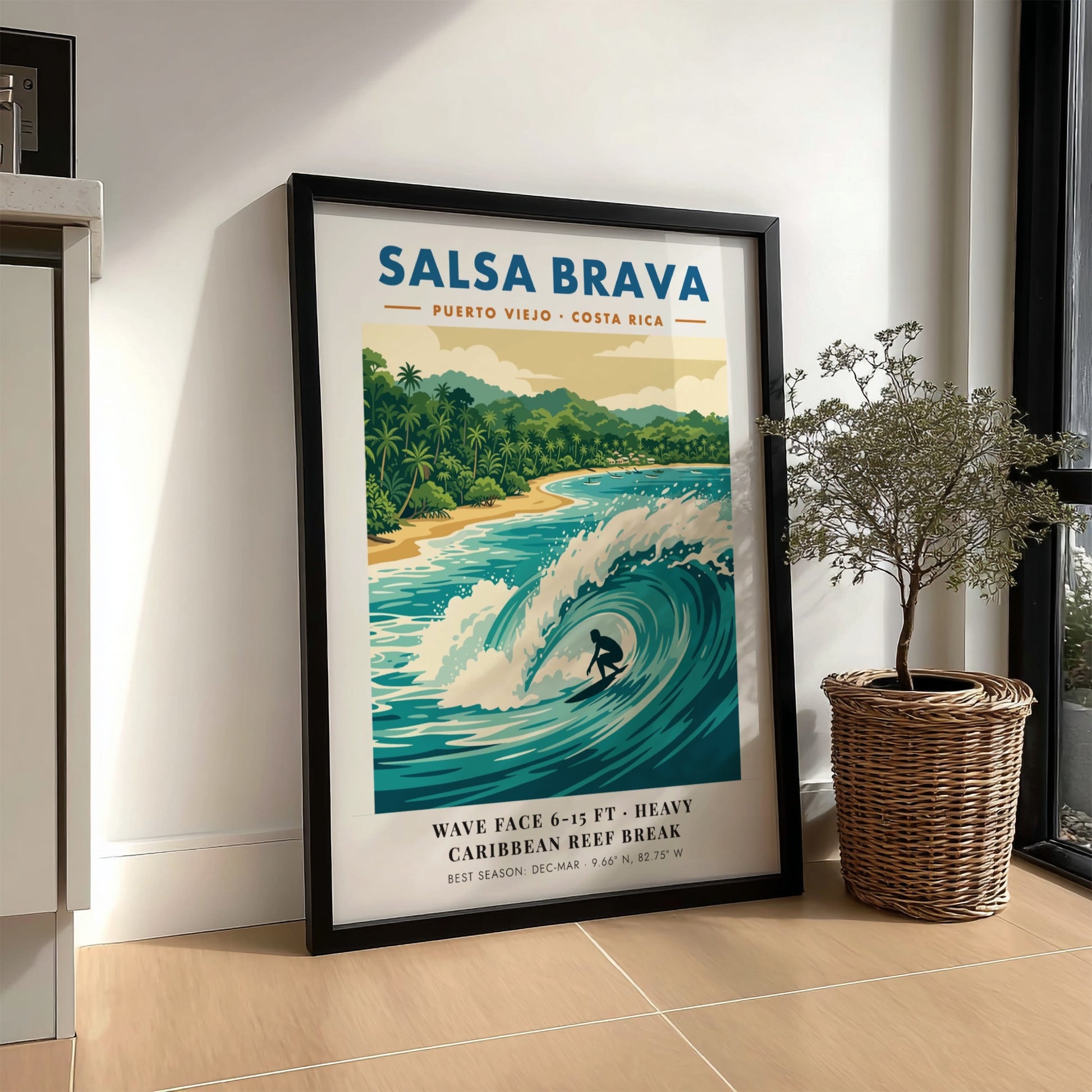 Surf break poster featuring a barrel wave at Salsa Brava in Puerto Viejo Costa Rica