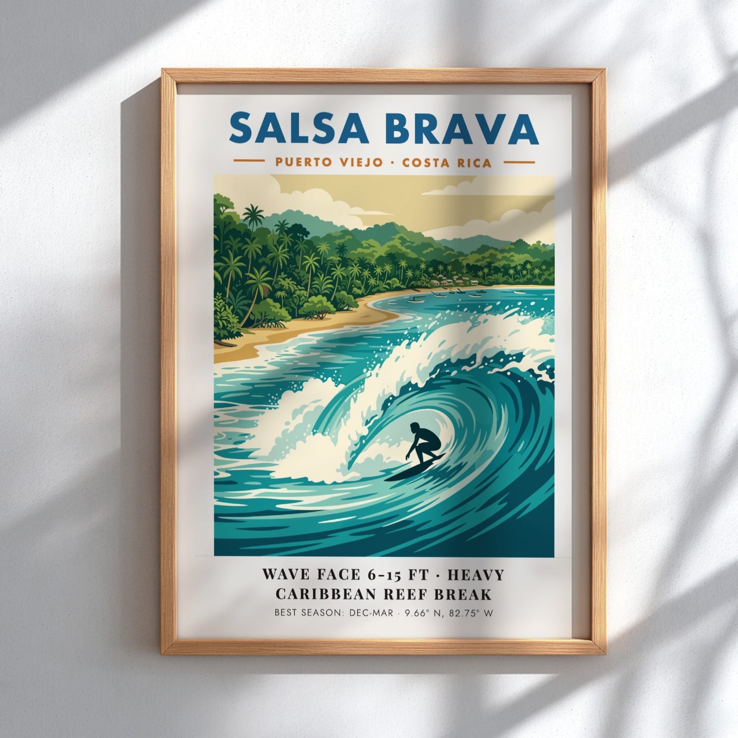Surf break poster featuring a barrel wave at Salsa Brava in Puerto Viejo Costa Rica