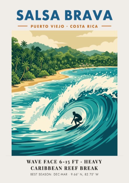 Surf break poster featuring a barrel wave at Salsa Brava in Puerto Viejo Costa Rica