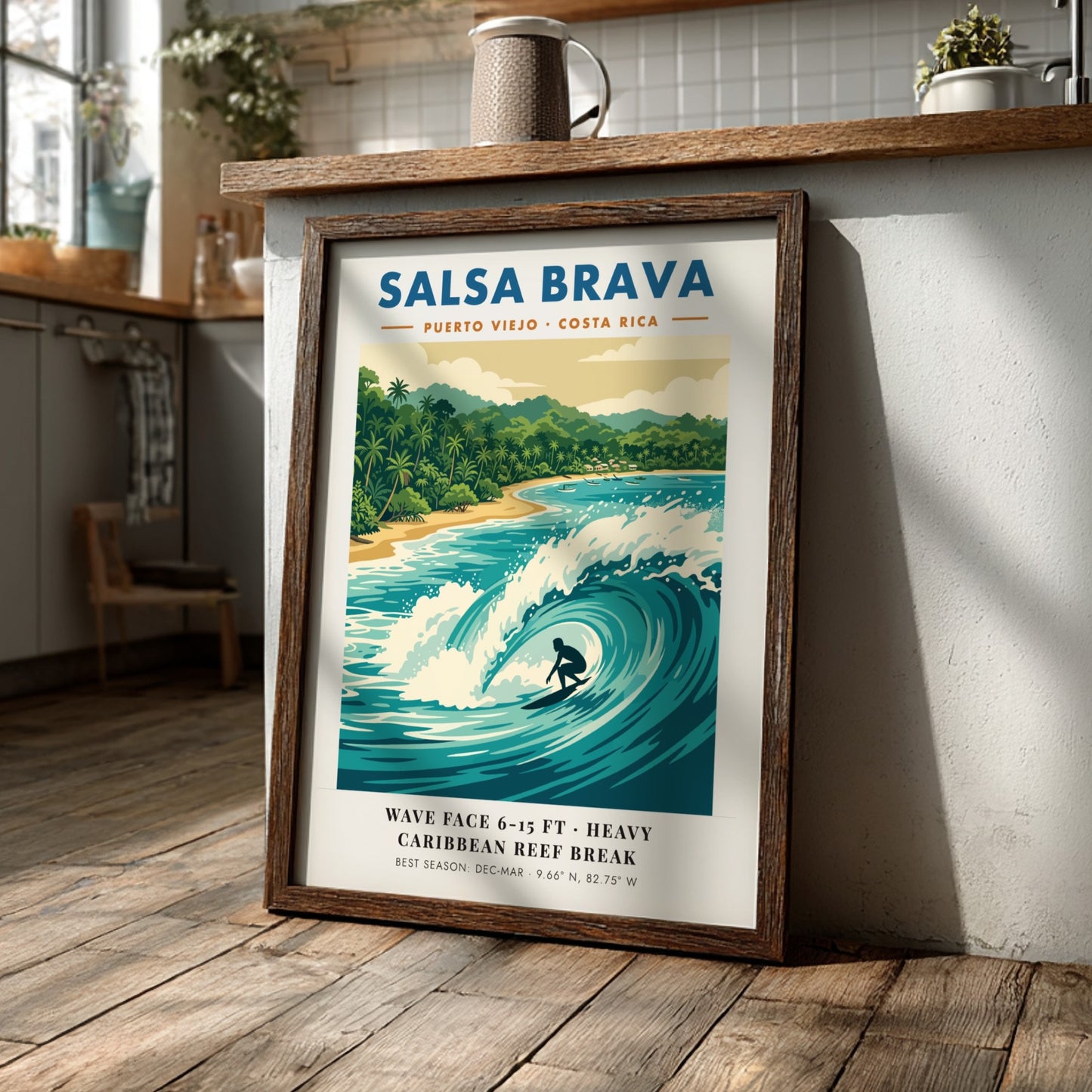 Surf break poster featuring a barrel wave at Salsa Brava in Puerto Viejo Costa Rica