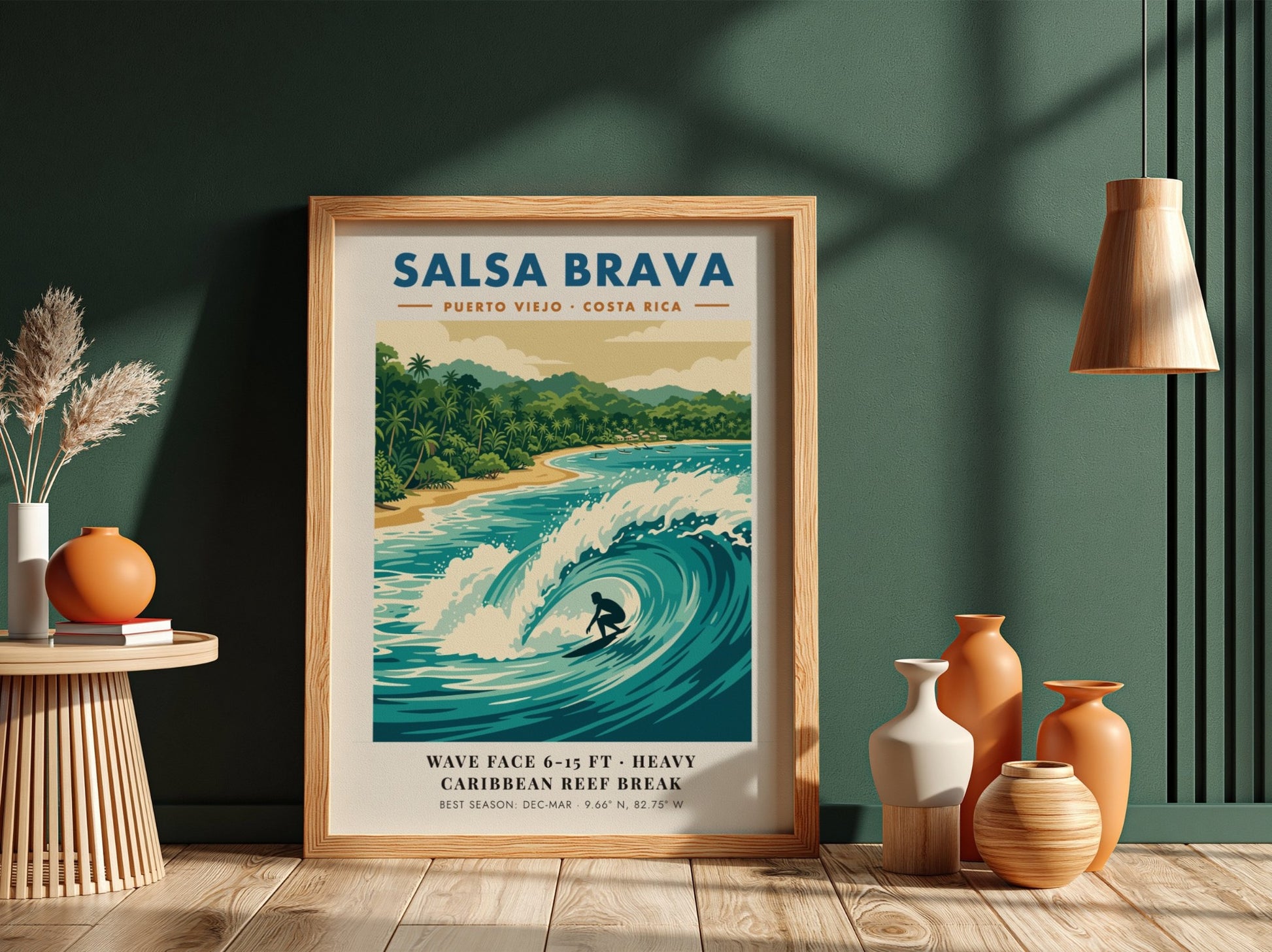 Surf break poster featuring a barrel wave at Salsa Brava in Puerto Viejo Costa Rica
