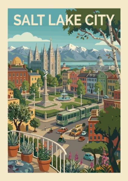Stylized Salt Lake City skyline art print with Temple Square, mountains, and a tram in a warm color palette.