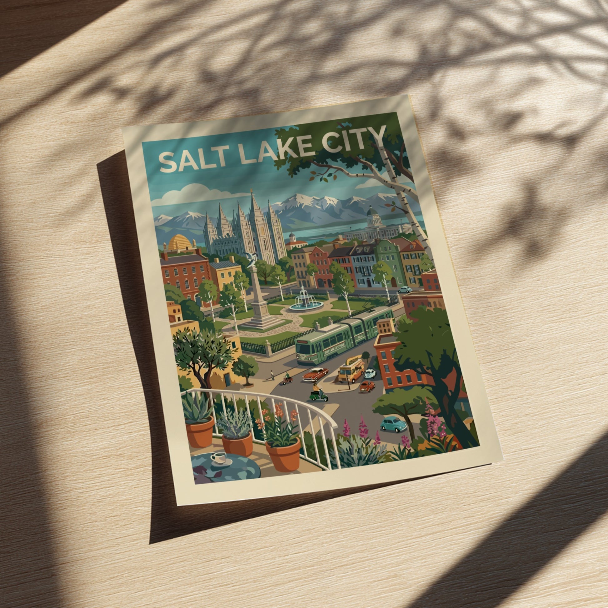 Stylized Salt Lake City skyline art print with Temple Square, mountains, and a tram in a warm color palette.
