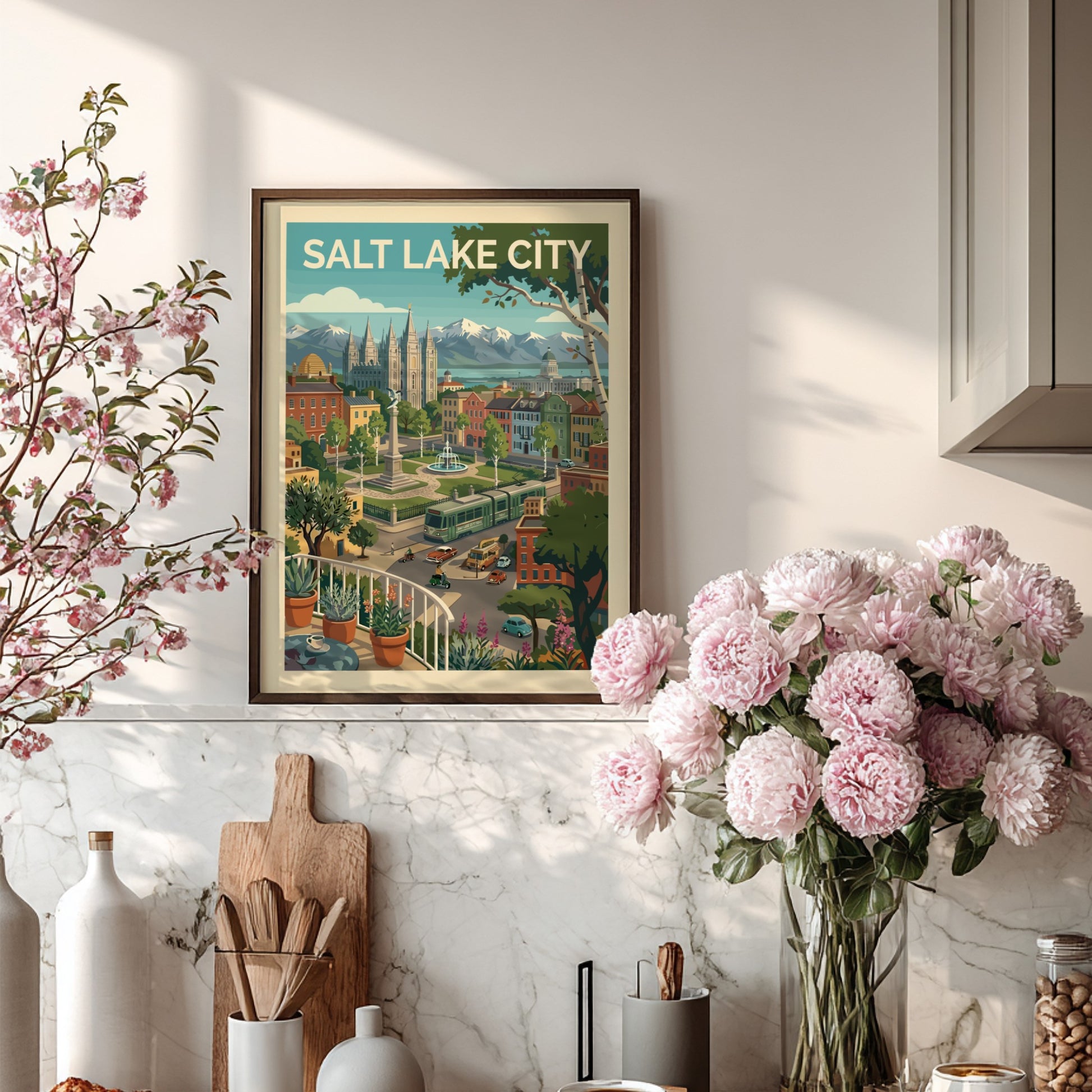 Stylized Salt Lake City skyline art print with Temple Square, mountains, and a tram in a warm color palette.