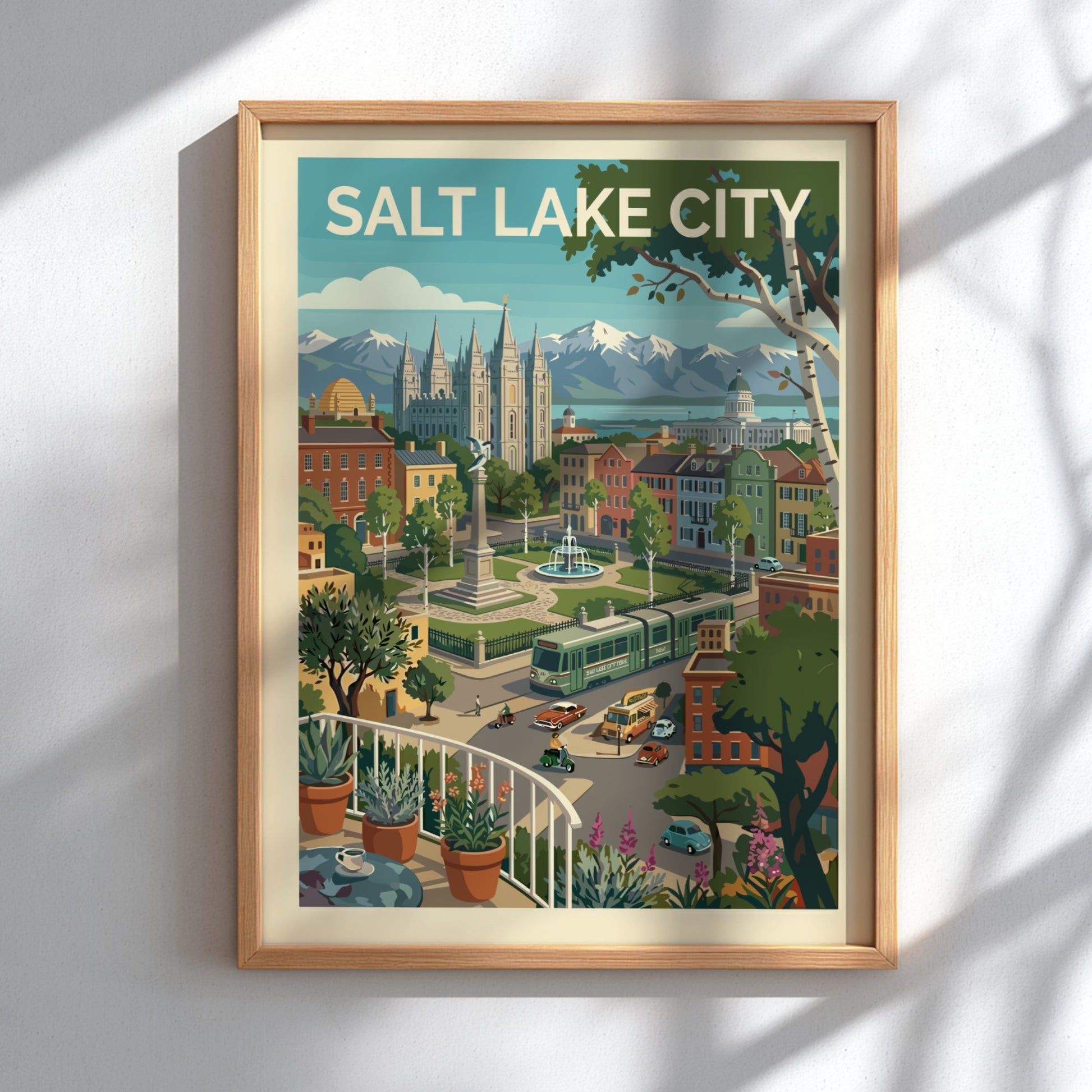 Stylized Salt Lake City skyline art print with Temple Square, mountains, and a tram in a warm color palette.