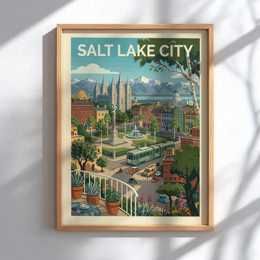 Stylized Salt Lake City skyline art print with Temple Square, mountains, and a tram in a warm color palette.