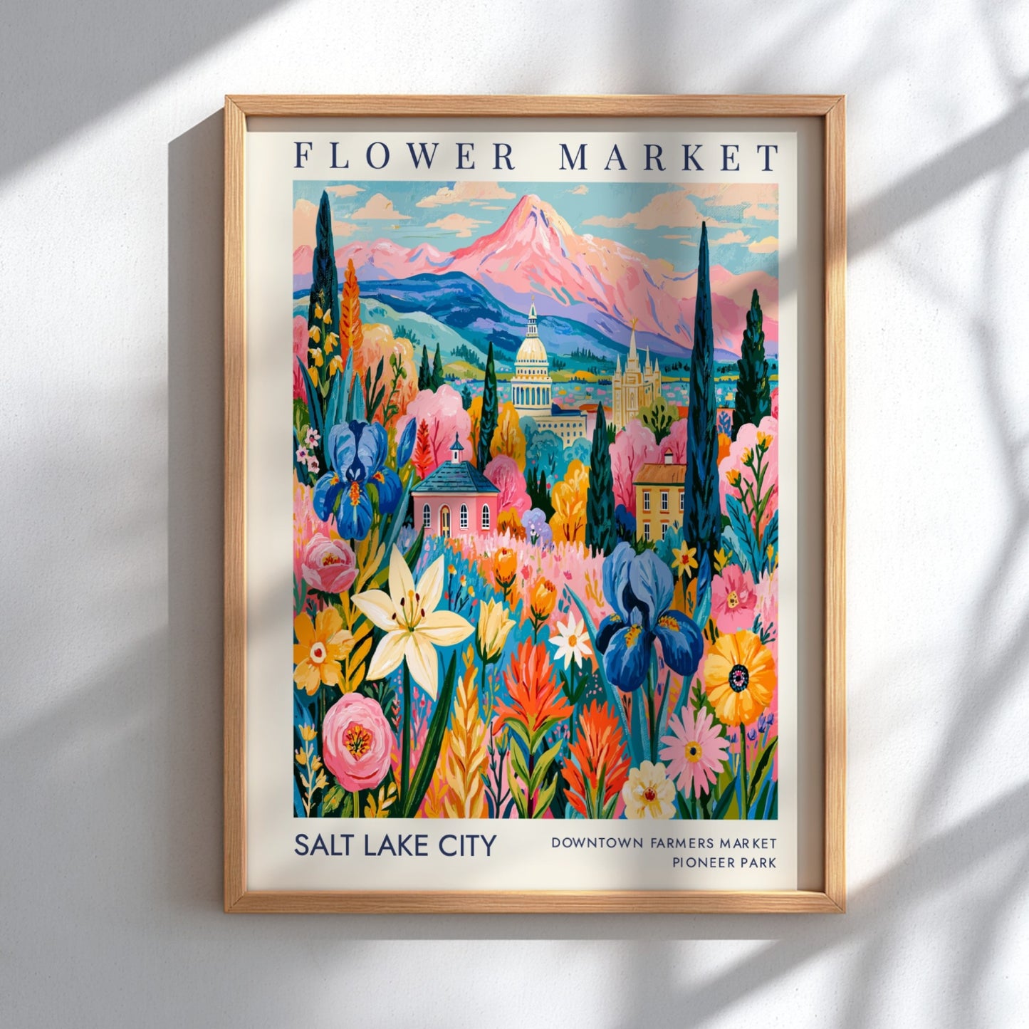 Flower market poster showcasing colorful blossoms and a cityscape in Salt Lake City