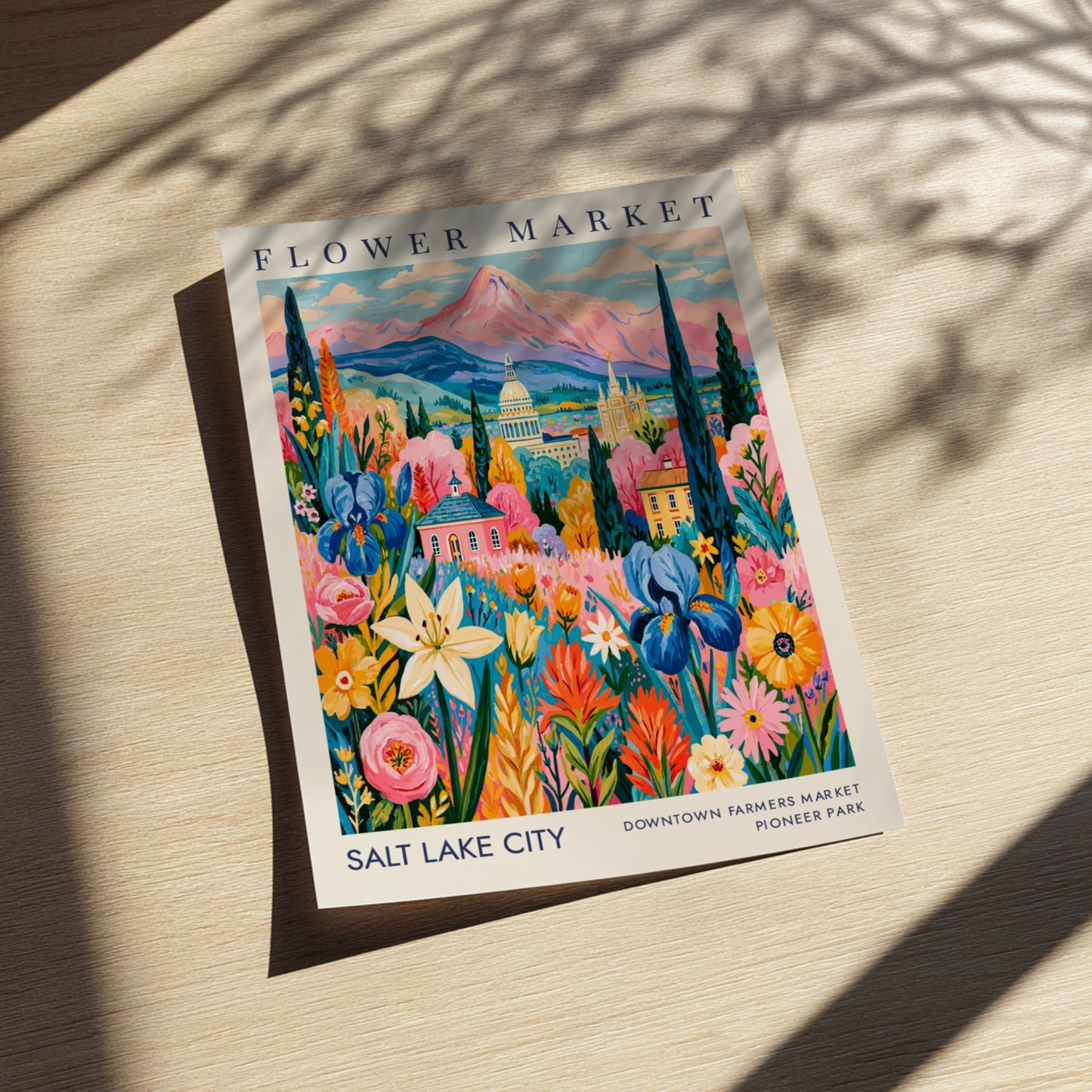 Flower market poster showcasing colorful blossoms and a cityscape in Salt Lake City