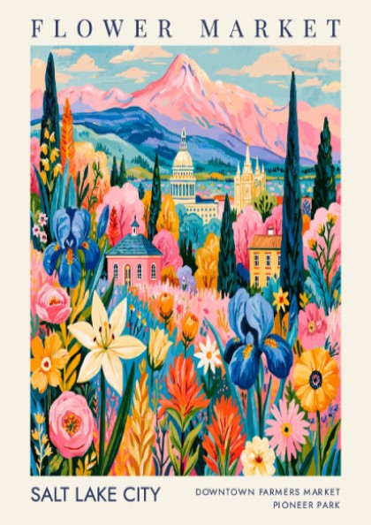 Flower market poster showcasing colorful blossoms and a cityscape in Salt Lake City