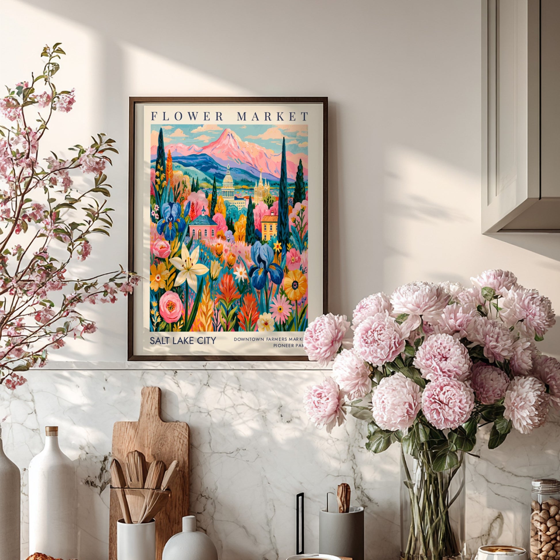 Flower market poster showcasing colorful blossoms and a cityscape in Salt Lake City
