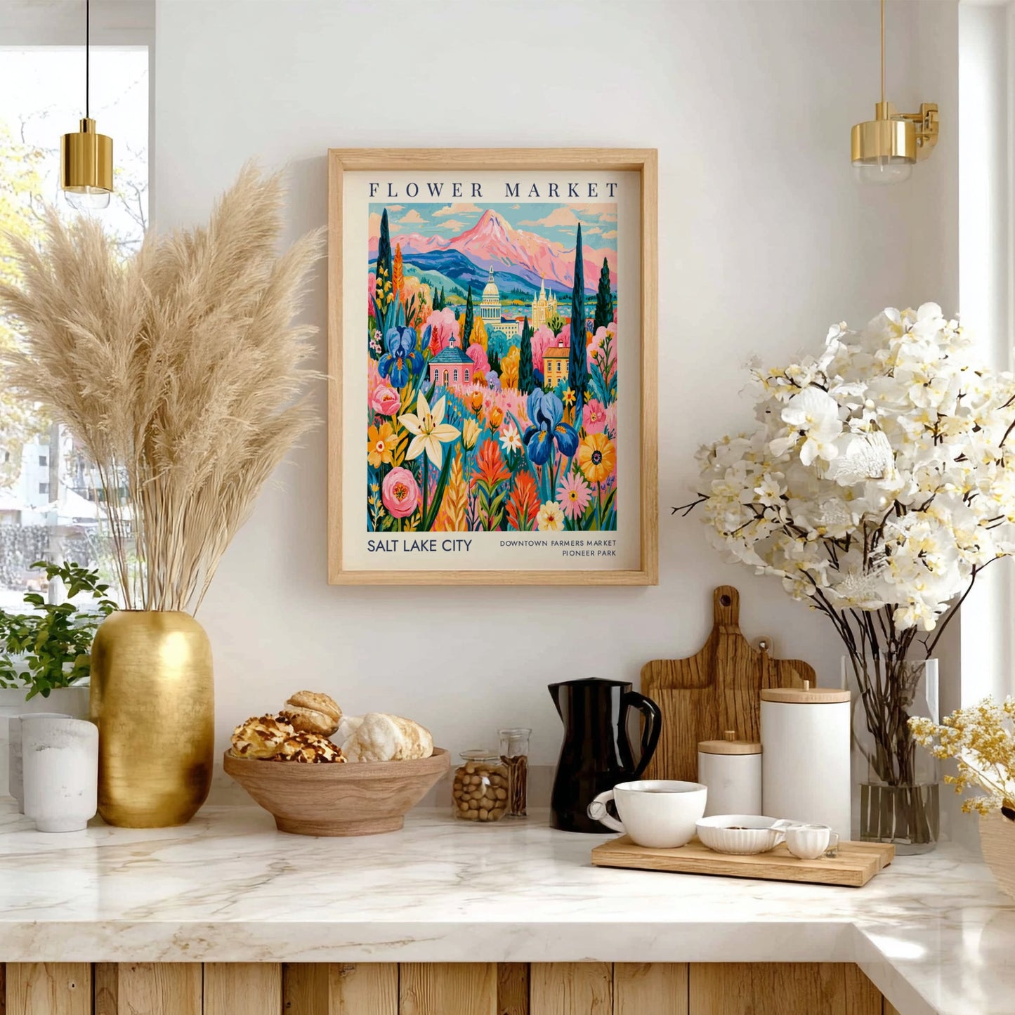 Flower market poster showcasing colorful blossoms and a cityscape in Salt Lake City