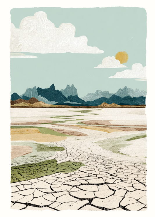 Artistic depiction of a landscape with mountains, clouds, and cracked earth.