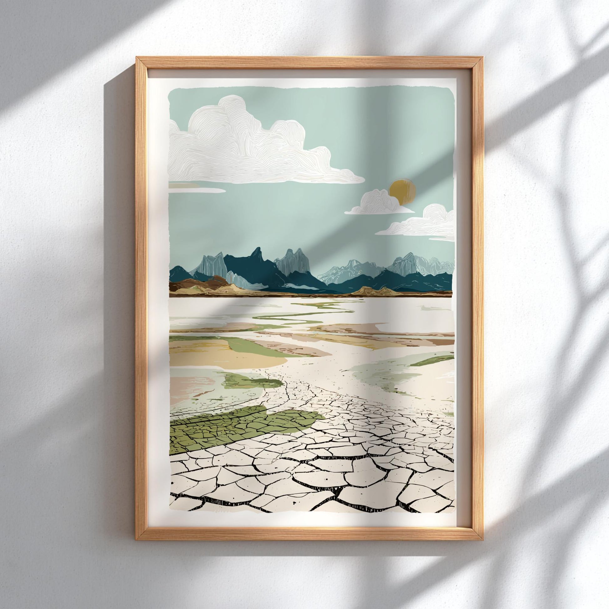 Framed artwork of a landscape with mountains and cracked earth on a light background