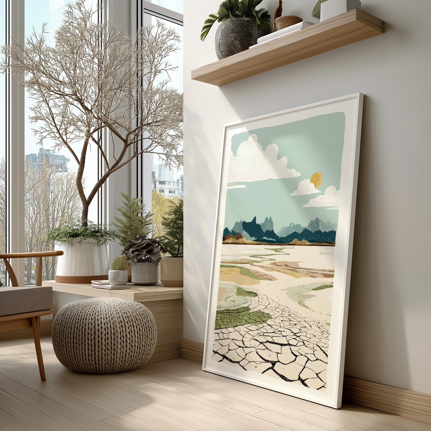 Framed landscape art on a wall in a modern room with plants and a window.