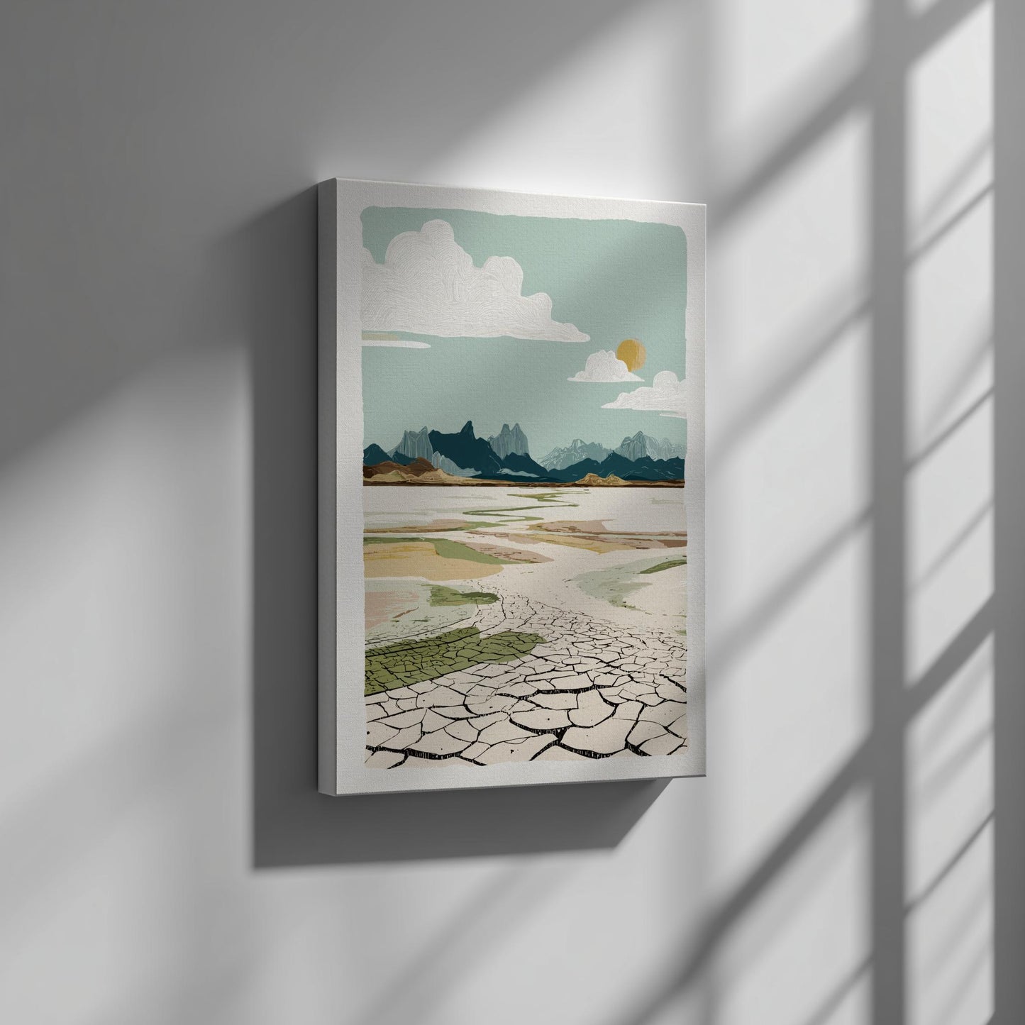 Framed artwork of a landscape with mountains and cracked earth on a wall.