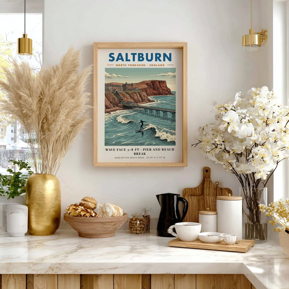 Poster of Saltburn beach featuring a surfer, the pier, and the funicular railway.